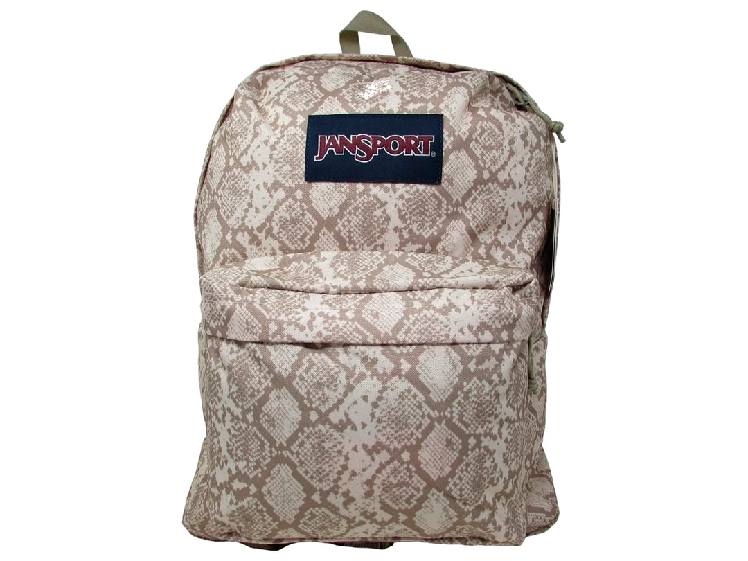 Mochila JanSport SuperBreak color beige con estampado de piel de pitón y bolsillo frontal.