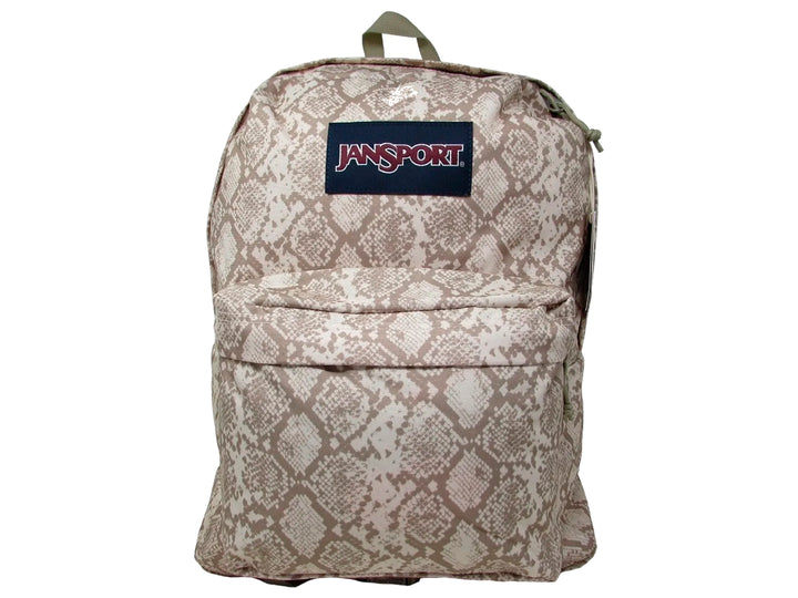 Mochila JanSport SuperBreak color beige con estampado de piel de pitón y bolsillo frontal.