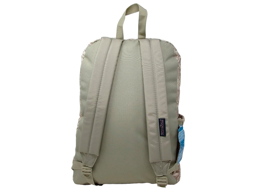 Mochila JanSport SuperBreak color beige con estampado de piel de pitón y bolsillo frontal.