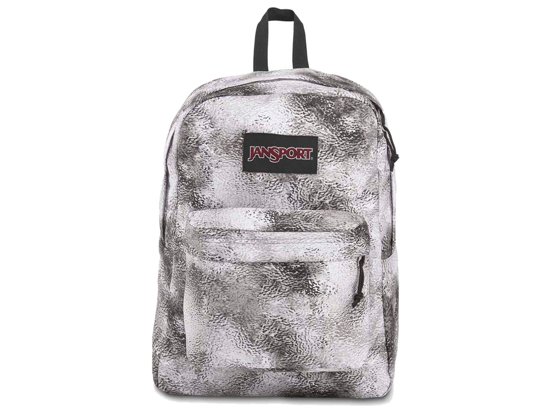 Mochila JanSport Superbreak color blanco y gris con efecto marmoleado y detalles en negro.