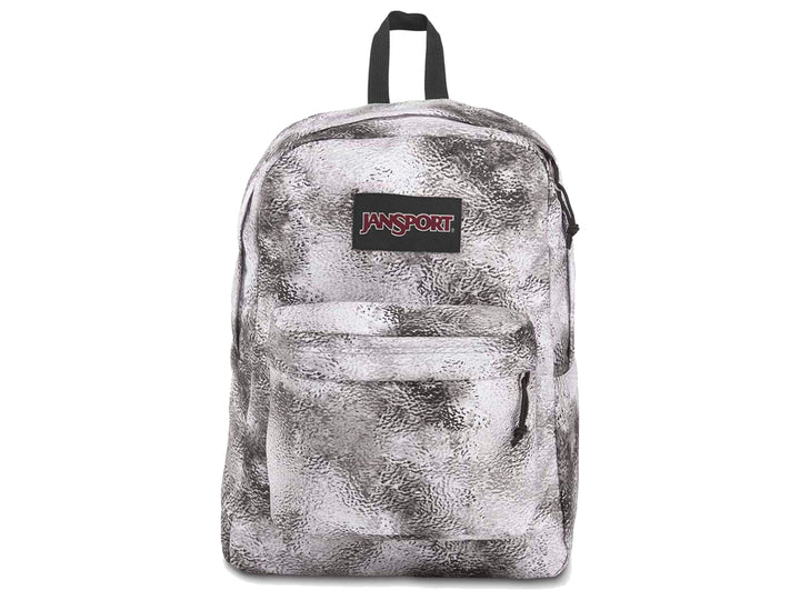 Mochila JanSport Superbreak color blanco y gris con efecto marmoleado y detalles en negro.