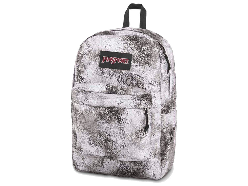 Mochila JanSport Superbreak color blanco y gris con efecto marmoleado y detalles en negro.