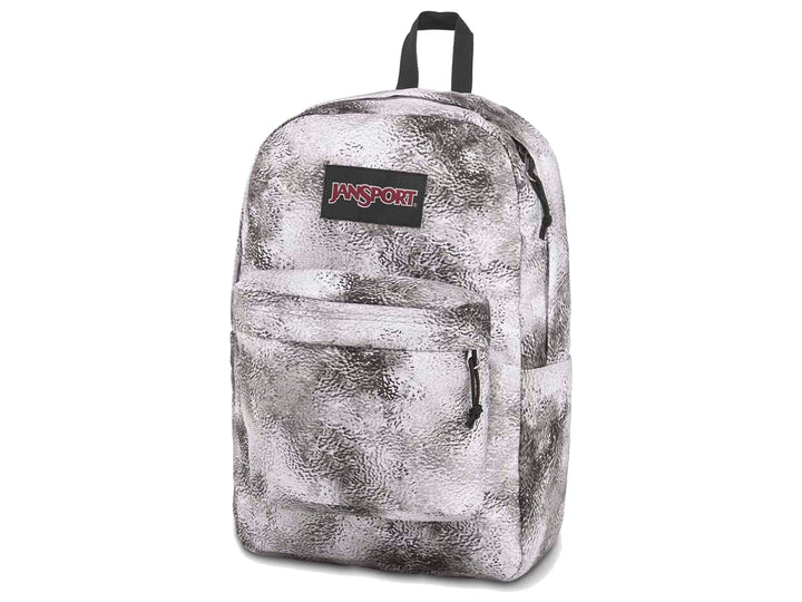 Mochila JanSport Superbreak color blanco y gris con efecto marmoleado y detalles en negro.