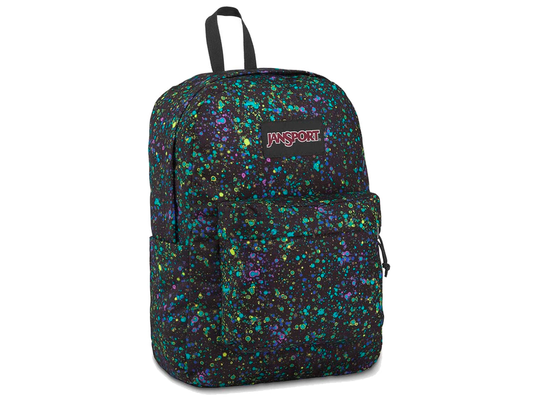 Mochila JanSport SuperBreak negra con estampado de salpicaduras en tonos azul, verde y morado.