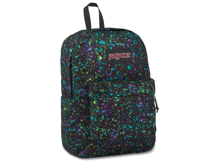 Mochila JanSport SuperBreak negra con estampado de salpicaduras en tonos azul, verde y morado.