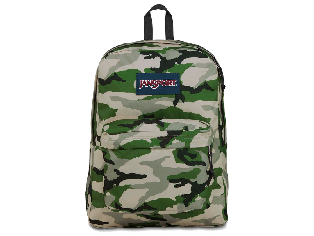 Mochila JanSport Superbreak con estampado de camuflaje en tonos verdes, beige y negro.