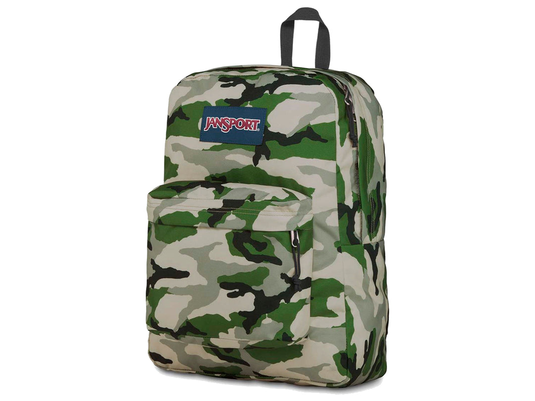 Mochila JanSport Superbreak con estampado de camuflaje en tonos verdes, beige y negro.