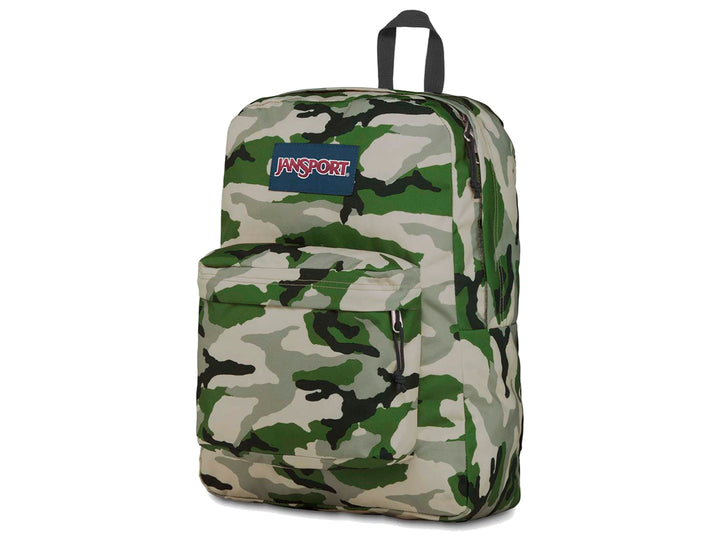 Mochila JanSport Superbreak con estampado de camuflaje en tonos verdes, beige y negro.