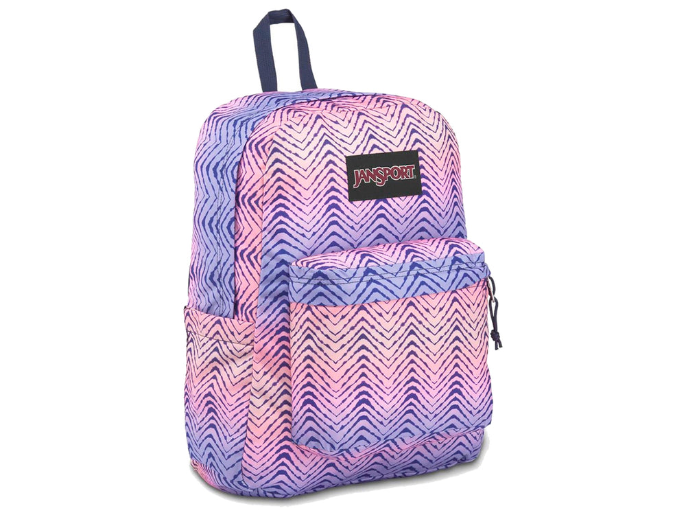 Mochila JanSport Superbreak con estampado de chevron en degradado de colores púrpura, rosa y azul.