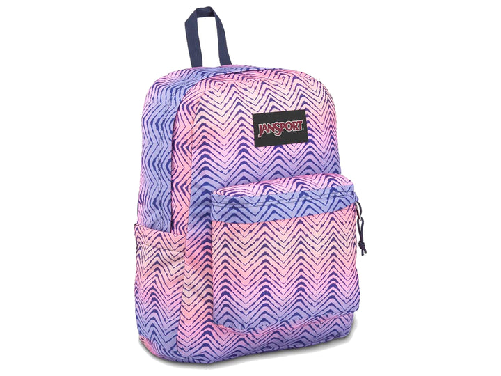 Mochila JanSport Superbreak con estampado de chevron en degradado de colores púrpura, rosa y azul.