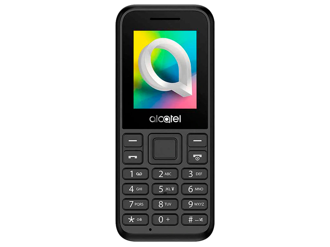 Teléfono móvil Alcatel de color negro con teclado físico y pantalla pequeña sobre fondo blanco.
