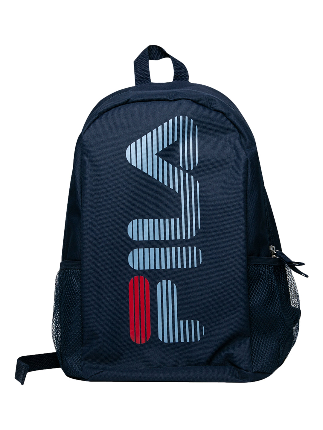 Mochila escolar FILA color azul marino con logotipo frontal y bolsillos laterales de malla.