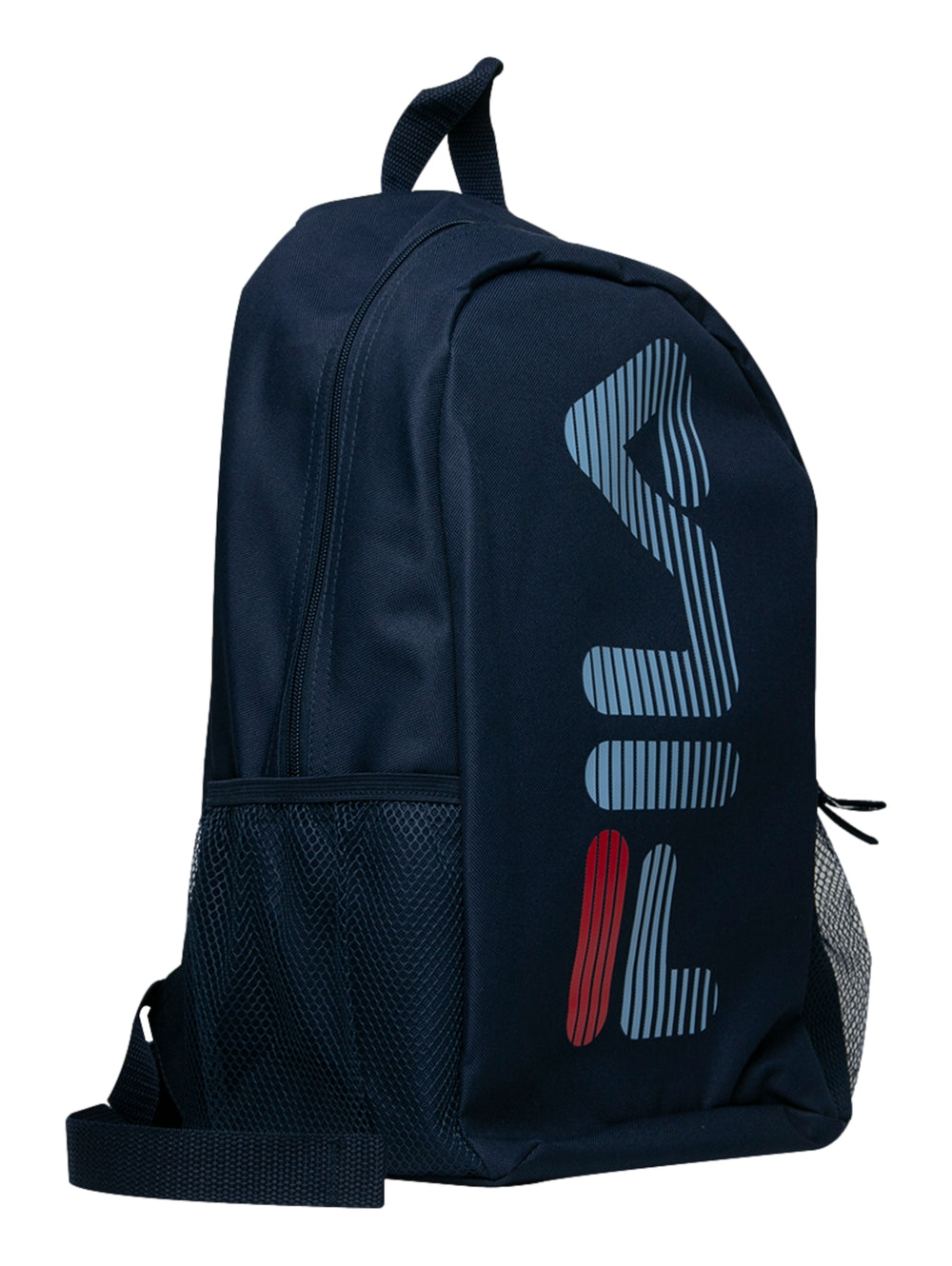 Mochila escolar FILA color azul marino con logotipo frontal y bolsillos laterales de malla.
