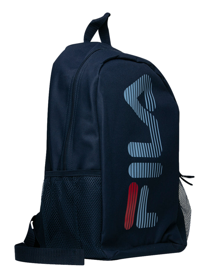 Mochila escolar FILA color azul marino con logotipo frontal y bolsillos laterales de malla.