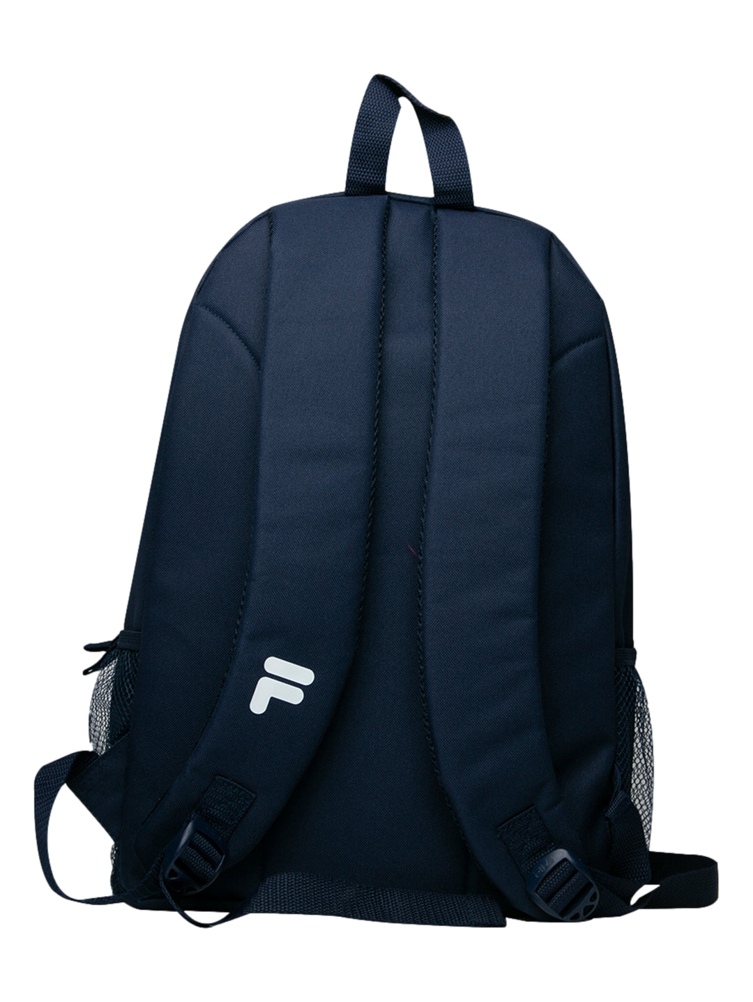 Mochila escolar FILA color azul marino con logotipo frontal y bolsillos laterales de malla.