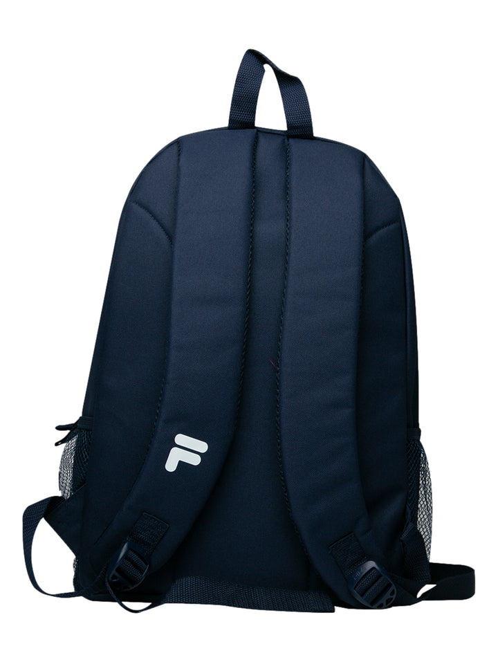 Mochila escolar FILA color azul marino con logotipo frontal y bolsillos laterales de malla.