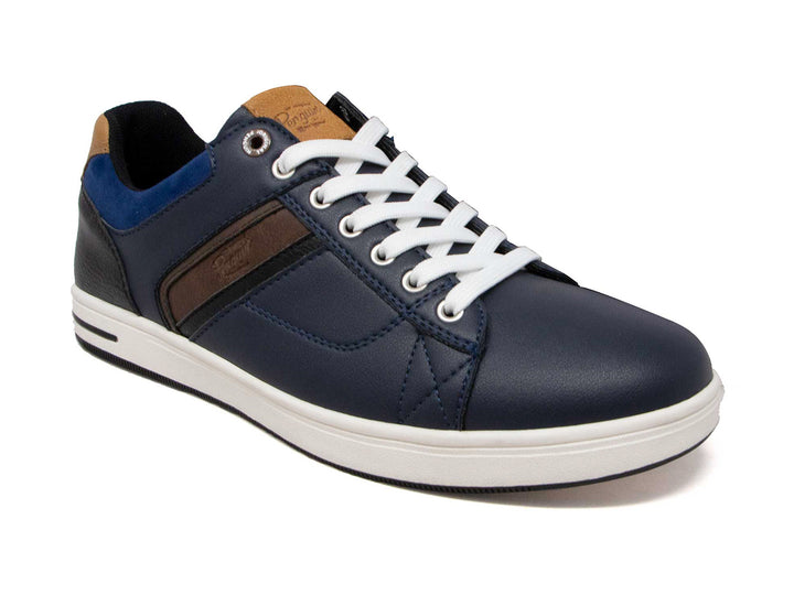Tenis casuales color azul marino con suela y cordones blancos y detalles en marrón.