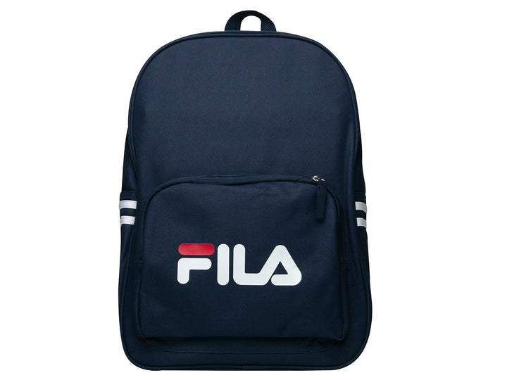 Mochila escolar FILA Classic color azul marino con logotipo blanco y rojo y franjas laterales blancas.
