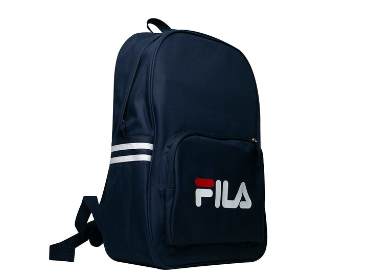 Mochila escolar FILA Classic color azul marino con logotipo blanco y rojo y franjas laterales blancas.