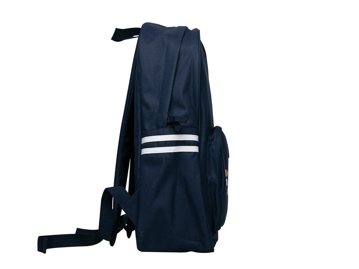 Mochila escolar FILA Classic color azul marino con logotipo blanco y rojo y franjas laterales blancas.
