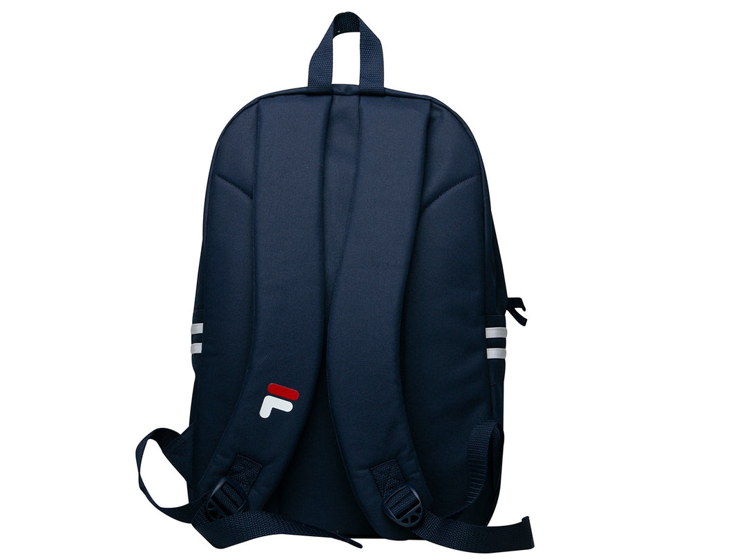 Mochila escolar FILA Classic color azul marino con logotipo blanco y rojo y franjas laterales blancas.