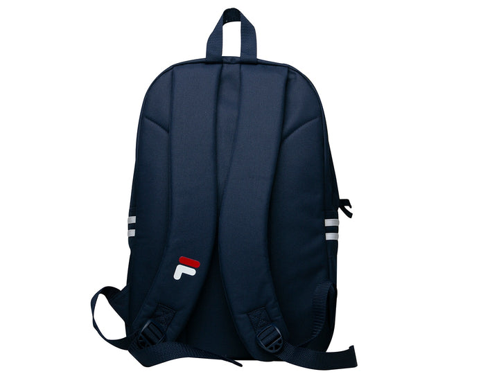 Mochila escolar FILA Classic color azul marino con logotipo blanco y rojo y franjas laterales blancas.