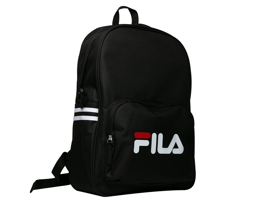 Mochila escolar FILA Classic de color negro con detalles en blanco y rojo.