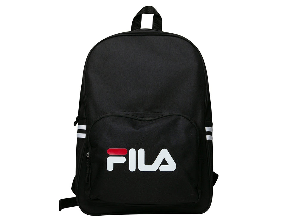 Mochila escolar FILA Classic de color negro con detalles en blanco y rojo.