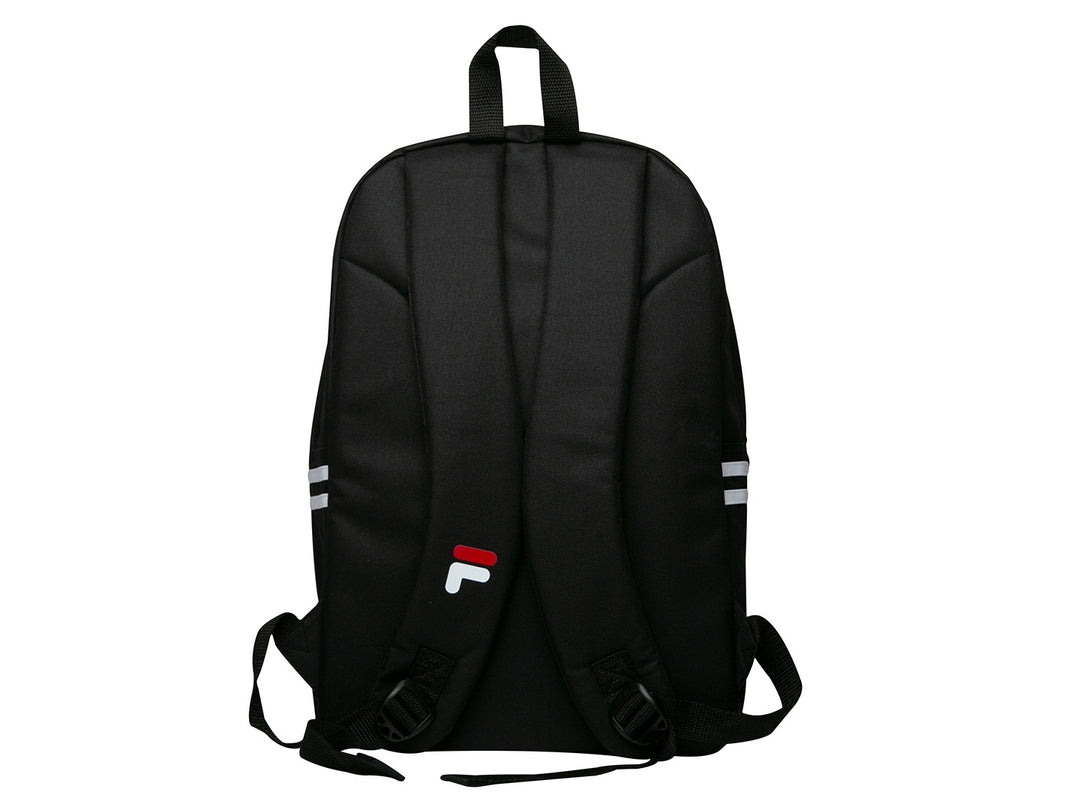 Mochila escolar FILA Classic de color negro con detalles en blanco y rojo.