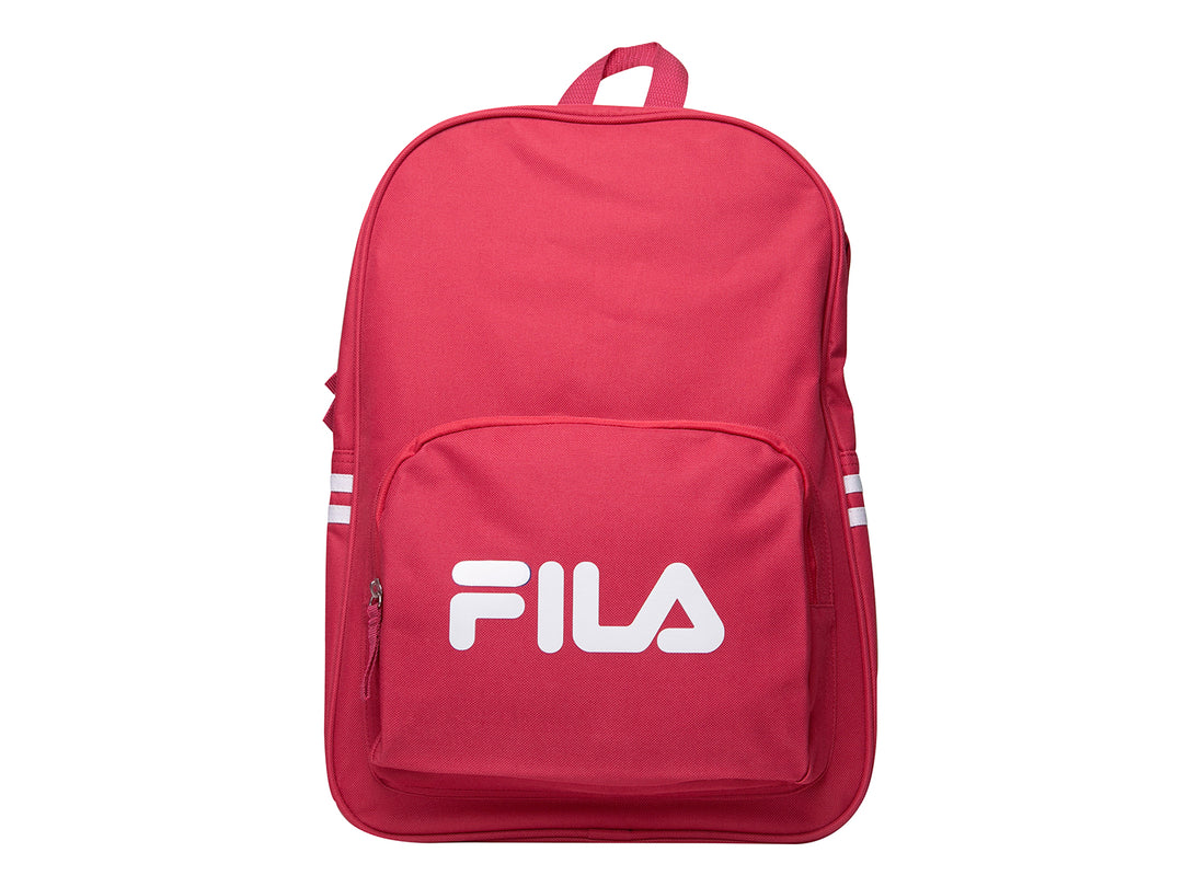 Mochila escolar FILA de color rosa con logotipo blanco y franjas laterales blancas.