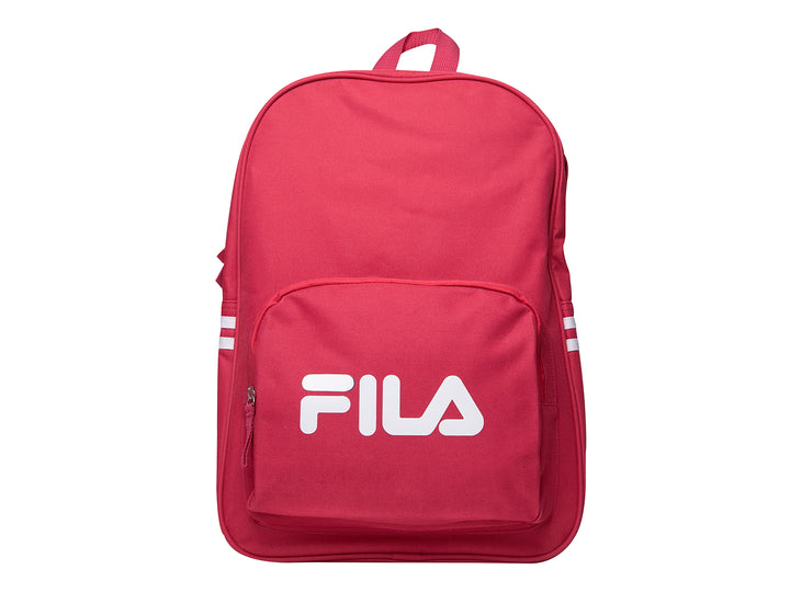 Mochila escolar FILA de color rosa con logotipo blanco y franjas laterales blancas.