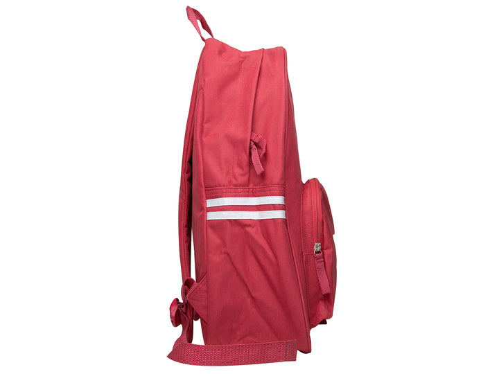 Mochila escolar FILA de color rosa con logotipo blanco y franjas laterales blancas.