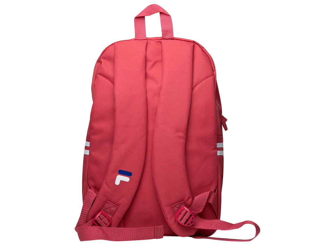 Mochila escolar FILA de color rosa con logotipo blanco y franjas laterales blancas.
