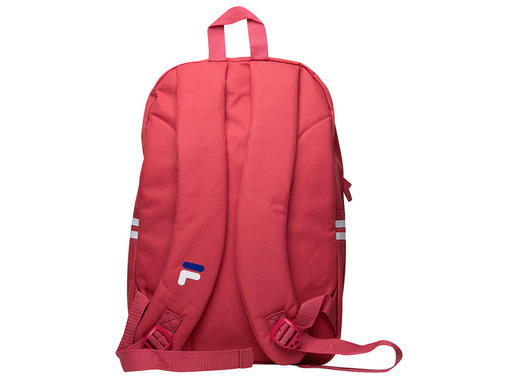 Mochila escolar FILA de color rosa con logotipo blanco y franjas laterales blancas.
