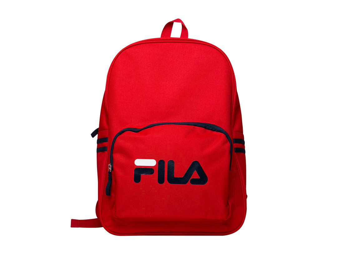 Mochila escolar FILA Classic de color rojo con detalles y logotipo en azul marino y blanco.