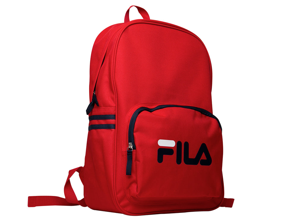 Mochila escolar FILA Classic de color rojo con detalles y logotipo en azul marino y blanco.