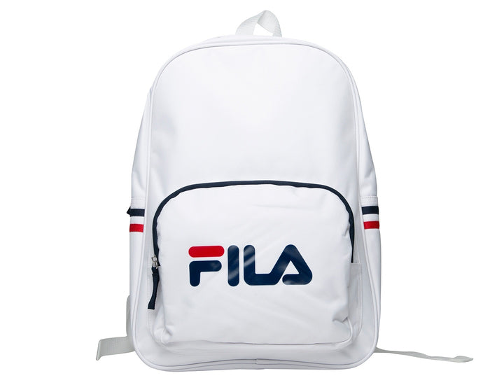 Mochila escolar FILA de color blanco con detalles en azul marino y rojo y logotipo frontal.