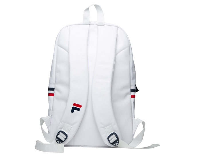 Mochila escolar FILA de color blanco con detalles en azul marino y rojo y logotipo frontal.