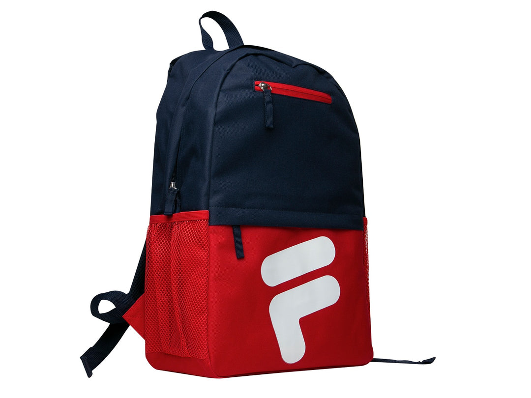 Mochila escolar FILA en colores azul marino y rojo con logotipo blanco frontal.
