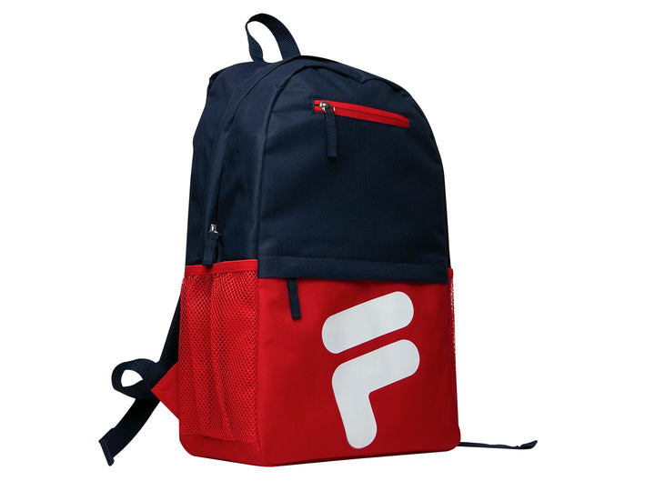 Mochila escolar FILA en colores azul marino y rojo con logotipo blanco frontal.