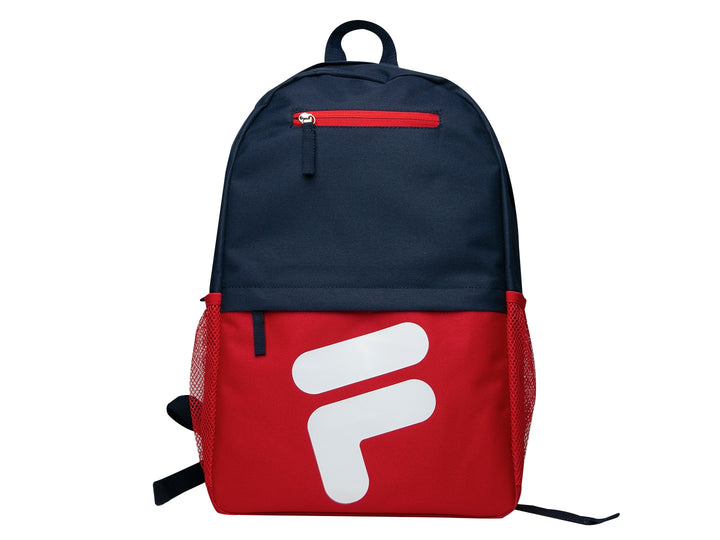 Mochila escolar FILA en colores azul marino y rojo con logotipo blanco frontal.