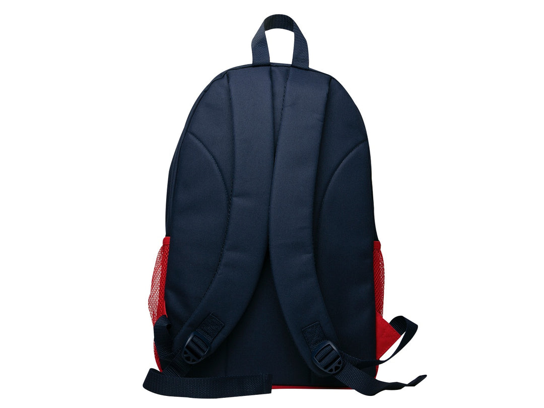 Mochila escolar FILA en colores azul marino y rojo con logotipo blanco frontal.