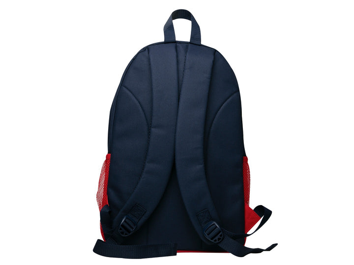 Mochila escolar FILA en colores azul marino y rojo con logotipo blanco frontal.