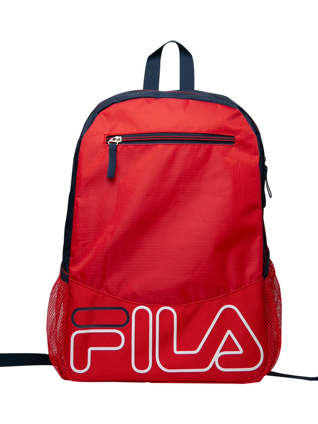 Mochila deportiva FILA en color rojo con detalles en azul marino y logotipo blanco en la parte inferior.