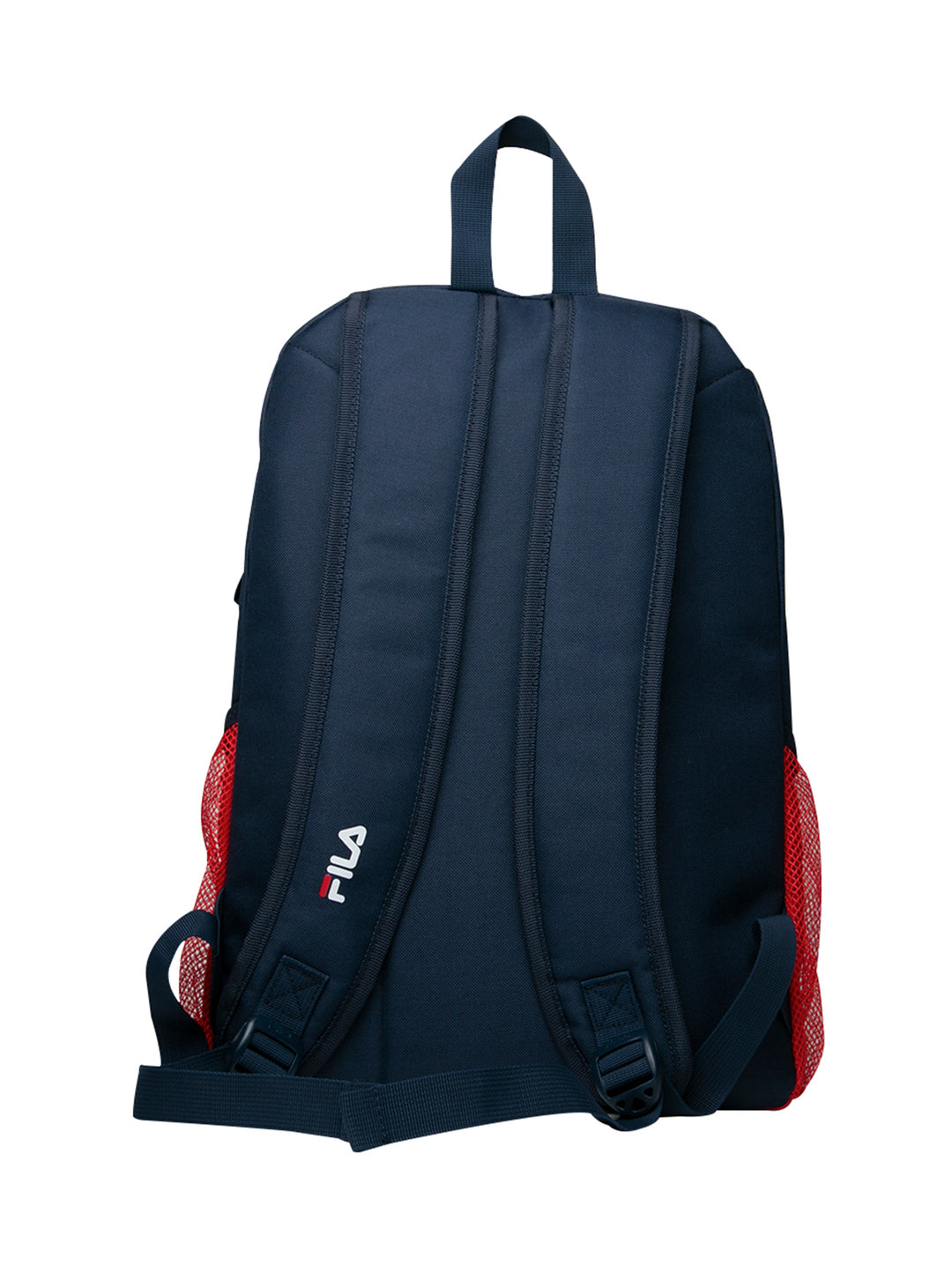 Mochila deportiva FILA en color rojo con detalles en azul marino y logotipo blanco en la parte inferior.