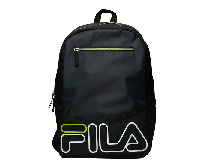 Mochila escolar FILA color negro con detalles en verde y logotipo blanco frontal.