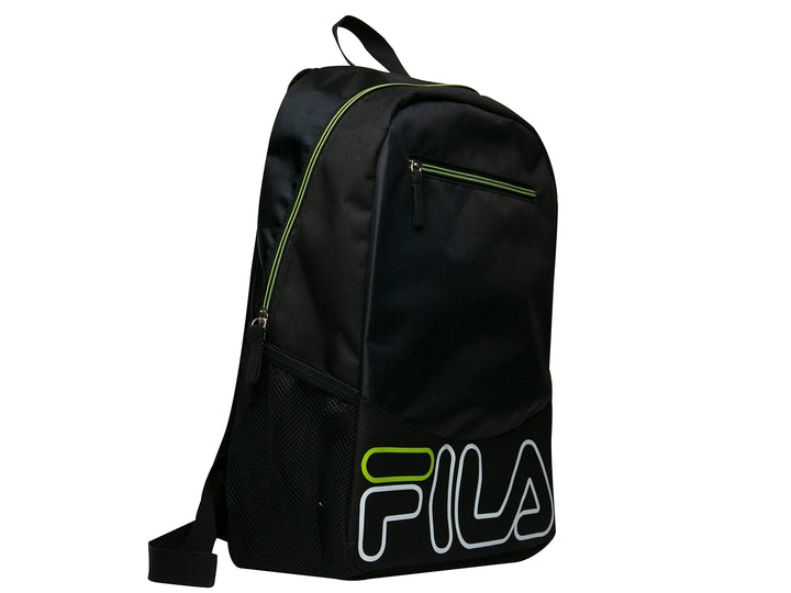 Mochila escolar FILA color negro con detalles en verde y logotipo blanco frontal.