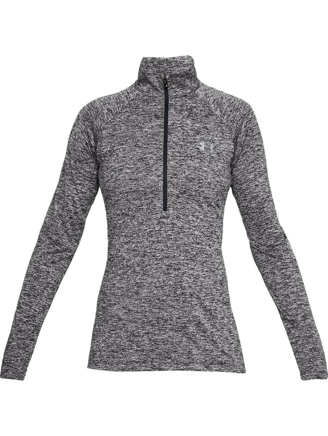 Sudadera Under Armour para mujer en color gris jaspeado con medio cierre y cuello alto.