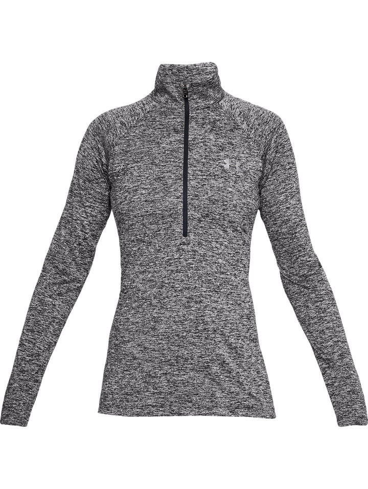 Sudadera Under Armour para mujer en color gris jaspeado con medio cierre y cuello alto.