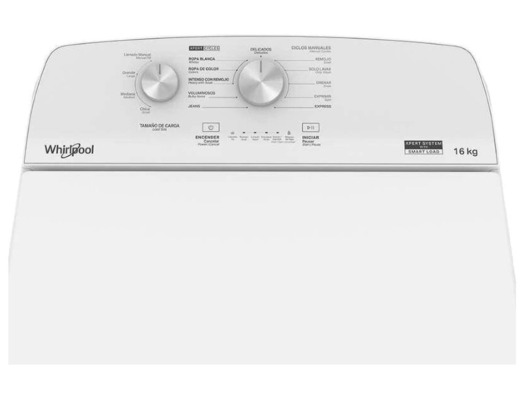 Lavadora automática Whirlpool de carga superior en color blanco.